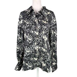Linea by Louis Dell'Olio L 100% Silk Button Up Blouse Black Ivory Floral
